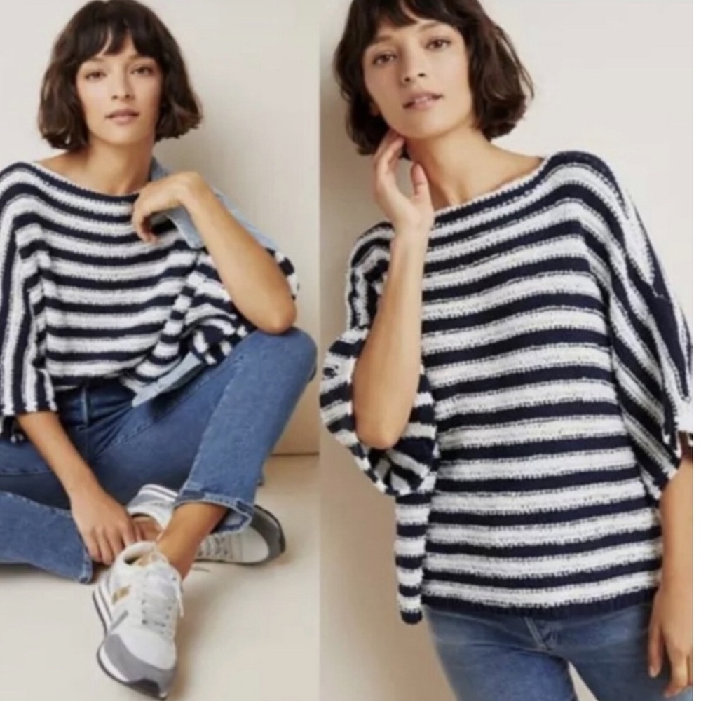 Anthropologie Lita Navy Blue White Striped Pullover Oversized Sweater Size M/L